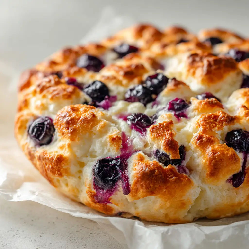 An overhead view of the fluffy, airy cottage cheese cloud bread dotted with dark purple roasted blueberries on a light kitchen counter.