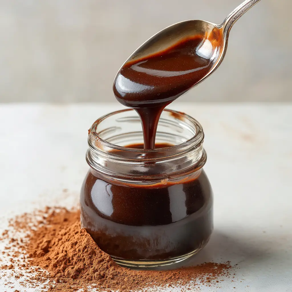 A clear mason jar filled with dark, rich homemade chocolate syrup, with a light dusting of cocoa powder on the white counter beside it.