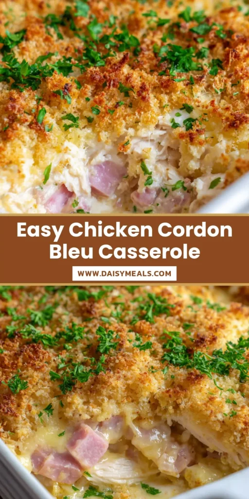 An overhead view of a baked Chicken Cordon Bleu Casserole in a white dish, showing the bubbly Swiss cheese and golden breadcrumb topping, garnished with parsley.
