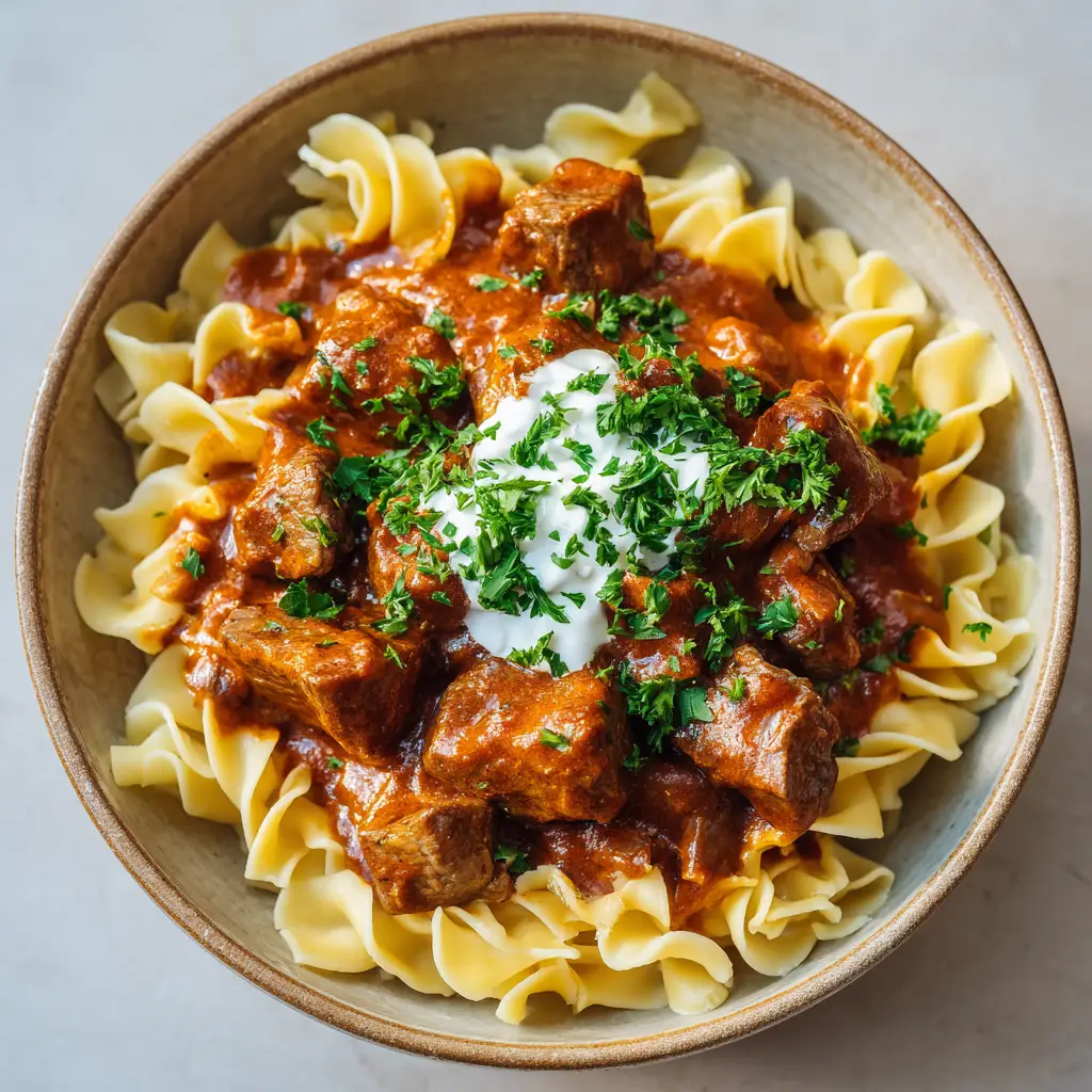 A bowl of authentic German Rahmgulasch served on wide egg noodles, garnished with fresh parsley and sour cream, against a clean neutral background.