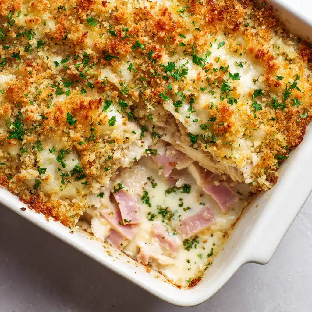 A close up overhead shot of a freshly baked Chicken Cordon Bleu Casserole, focusing on the crispy, golden-brown toasted breadcrumbs and melted Swiss cheese.