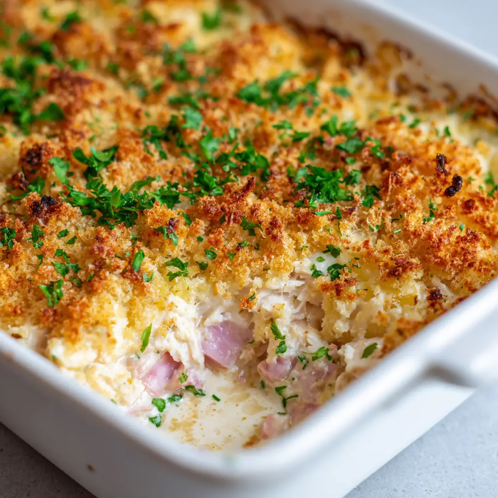 A spoonful of Chicken Cordon Bleu Casserole being lifted from the dish, showing the layers of shredded chicken, diced ham, and thick, creamy sauce.