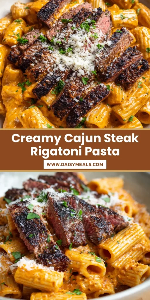 A rustic shallow white pasta bowl filled with thick tubular rigatoni pasta completely coated in a rich, glossy orange-tinted creamy cajun sauce, topped with seared steak slices.