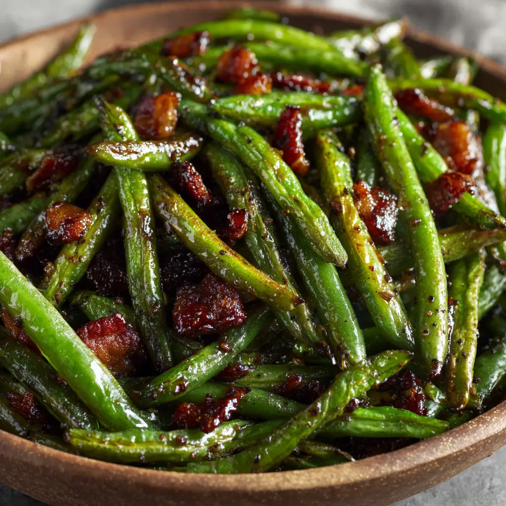 High-heat roasted green beans featuring slight char marks and a faint sprinkle of coarse black pepper, served in a rustic dish.