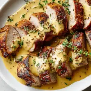 A close-up view of sliced pork tenderloin with a visible caramelized crust, coated in a velvety Dijon cream sauce. (Creamy Dijon Pork Tenderloin)