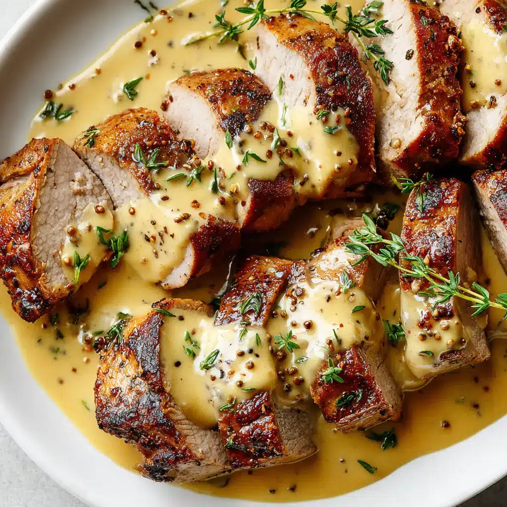 A close-up view of sliced pork tenderloin with a visible caramelized crust, coated in a velvety Dijon cream sauce. (Creamy Dijon Pork Tenderloin)