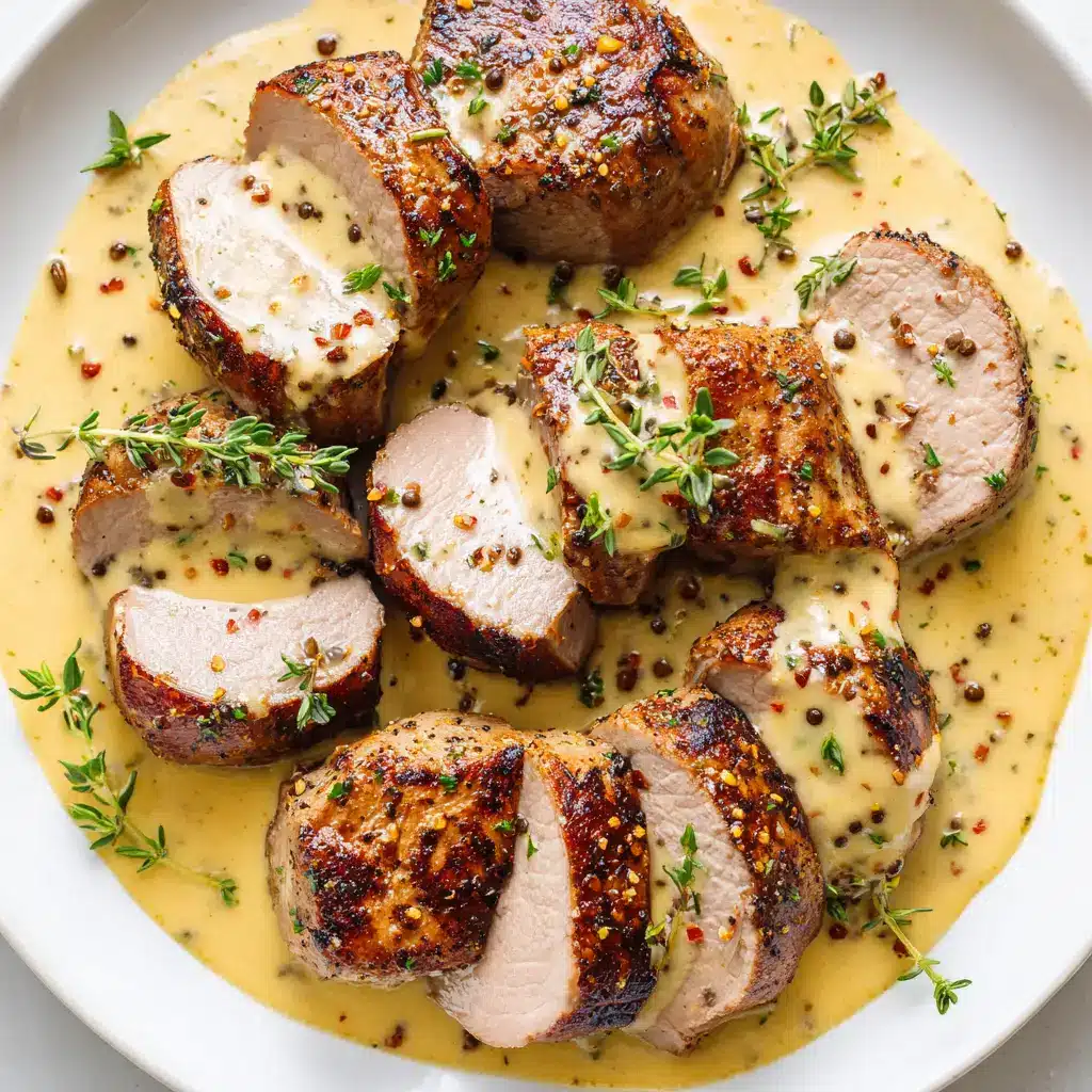 An overhead shot of the finished Creamy Dijon Pork Tenderloin on a white plate, garnished with fresh thyme sprigs and chopped parsley.