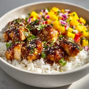 A detailed close-up of the honey soy glazed chicken, showing the thick, dark amber glaze and caramelized edges on top of white rice. (Honey Soy Glazed Chicken Bowls)