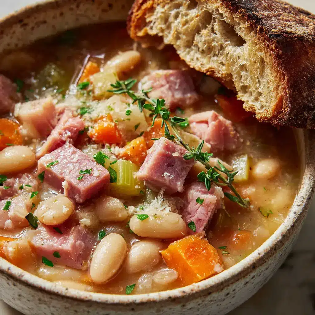 An overhead shot of a bowl of slow cooker ham and bean soup garnished with fresh parsley and thyme, with a slice of artisan bread.
