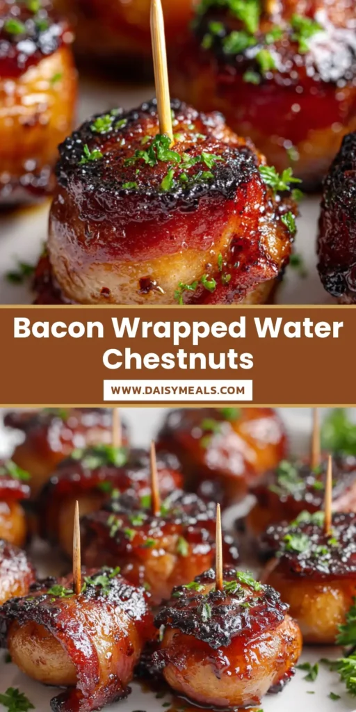 A shareable pin image showing crispy Bacon Wrapped Water Chestnuts on a platter, highlighting the sticky brown sugar glaze and fresh parsley garnish.