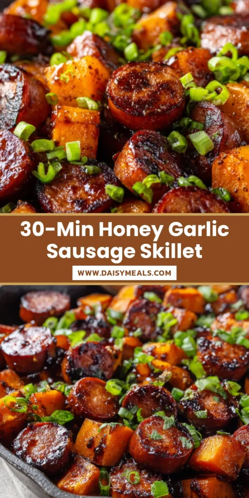 A rustic cast iron skillet filled with caramelized smoked sausage and roasted sweet potatoes in a glossy honey garlic glaze. (Honey Garlic Sausage Sweet Potatoes)