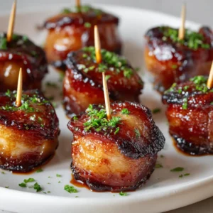 A close-up shot of several Bacon Wrapped Water Chestnuts on a white ceramic plate. Each one features crispy, caramelized bacon with charred edges, secured with a wooden toothpick.