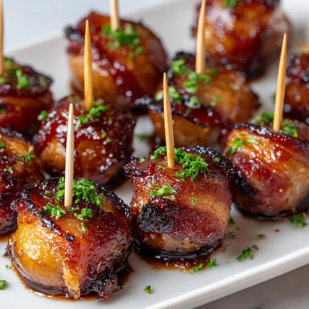 Bite-sized Bacon Wrapped Water Chestnuts arranged on a serving platter, sprinkled with finely chopped fresh green parsley.