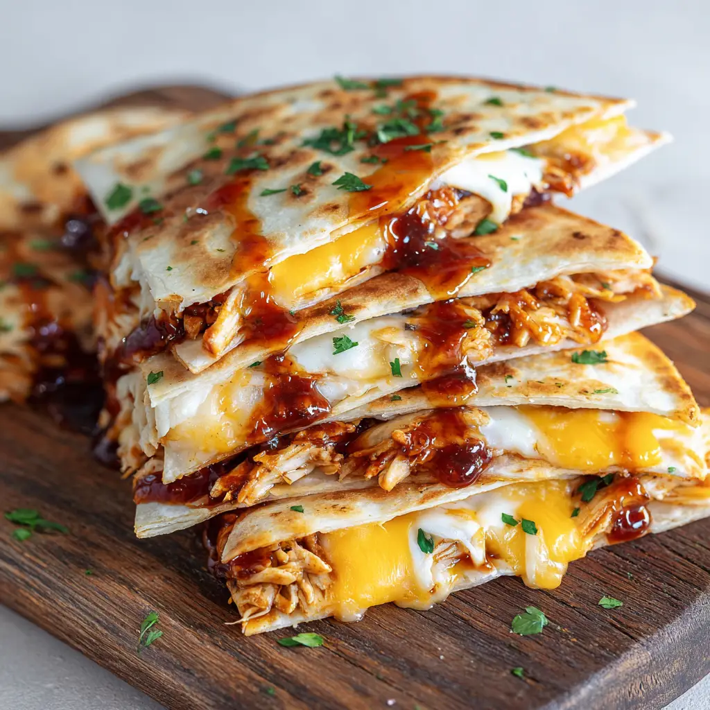 A close up shot of sliced Hot Honey BBQ Chicken Quesadillas showing the cross section of saucy chicken, sautéed onions, and gooey melted cheese.