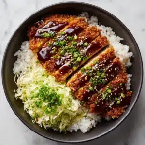 A close-up, top-down view of a Japanese Katsu Bowl. A golden-brown panko-breaded pork cutlet is sliced and drizzled with dark tonkatsu sauce. (Japanese Katsu Bowls)