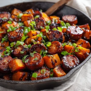 Close-up of deeply seared smoked sausage rounds and tender sweet potato cubes generously coated in a sticky amber glaze. (Honey Garlic Sausage Sweet Potatoes)
