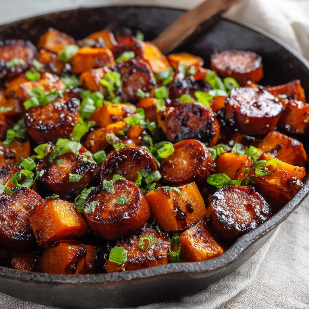 Cast iron pan filled with honey garlic sausage and sweet potatoes garnished with fresh chopped green onions.