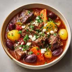 Close up of fork-tender braised beef chuck in a rich reddish-brown tomato broth with bright orange carrots and feta cheese.