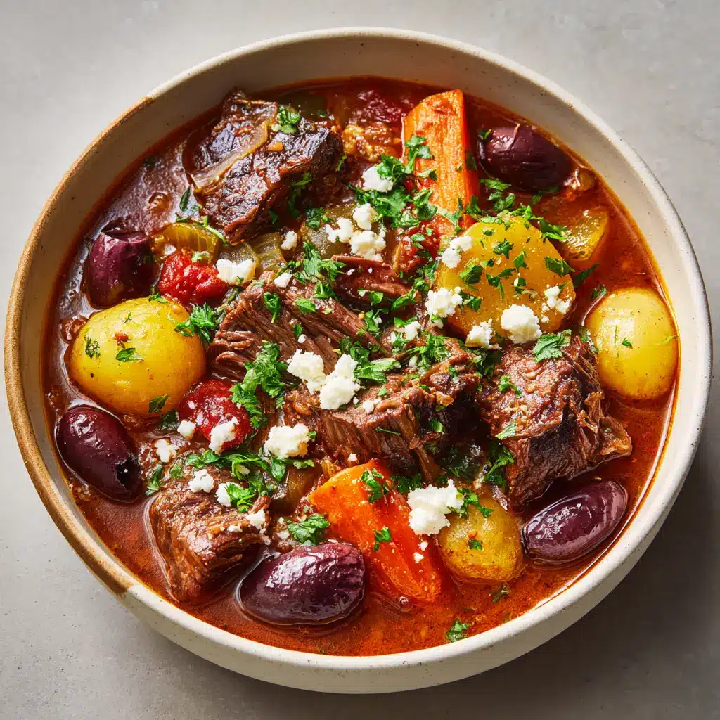 Close up of fork-tender braised beef chuck in a rich reddish-brown tomato broth with bright orange carrots and feta cheese.