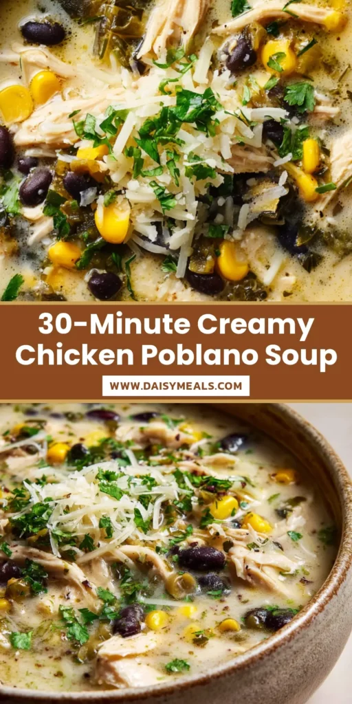 A rustic ceramic bowl filled with Creamy Chicken Poblano Soup, featuring shredded chicken, black beans, and sweet corn garnished with cheese and cilantro.
