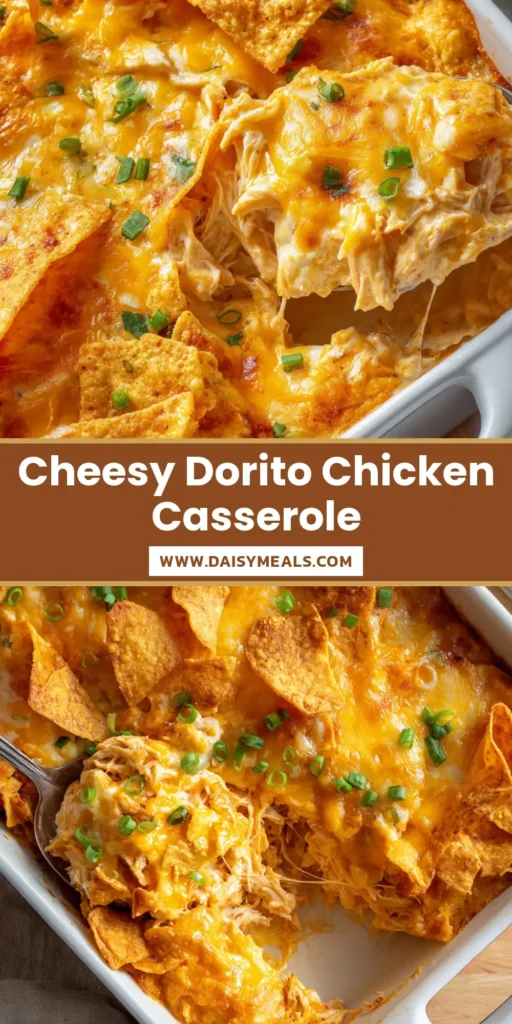 A stainless steel serving spoon lifting a hot, stringy cheese pull from a bubbly Dorito Chicken Casserole baked in a white ceramic dish.