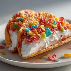 A beautiful close-up of a tightly pressed, vibrant Fruity Pebbles cheesecake taco sitting on a simple white plate against a neutral background.