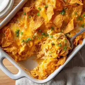 Top-down view of a freshly baked Doritos chicken casserole blanketed in melted golden-orange cheddar cheese, overlapping tortilla chips, and vibrant green scallions.