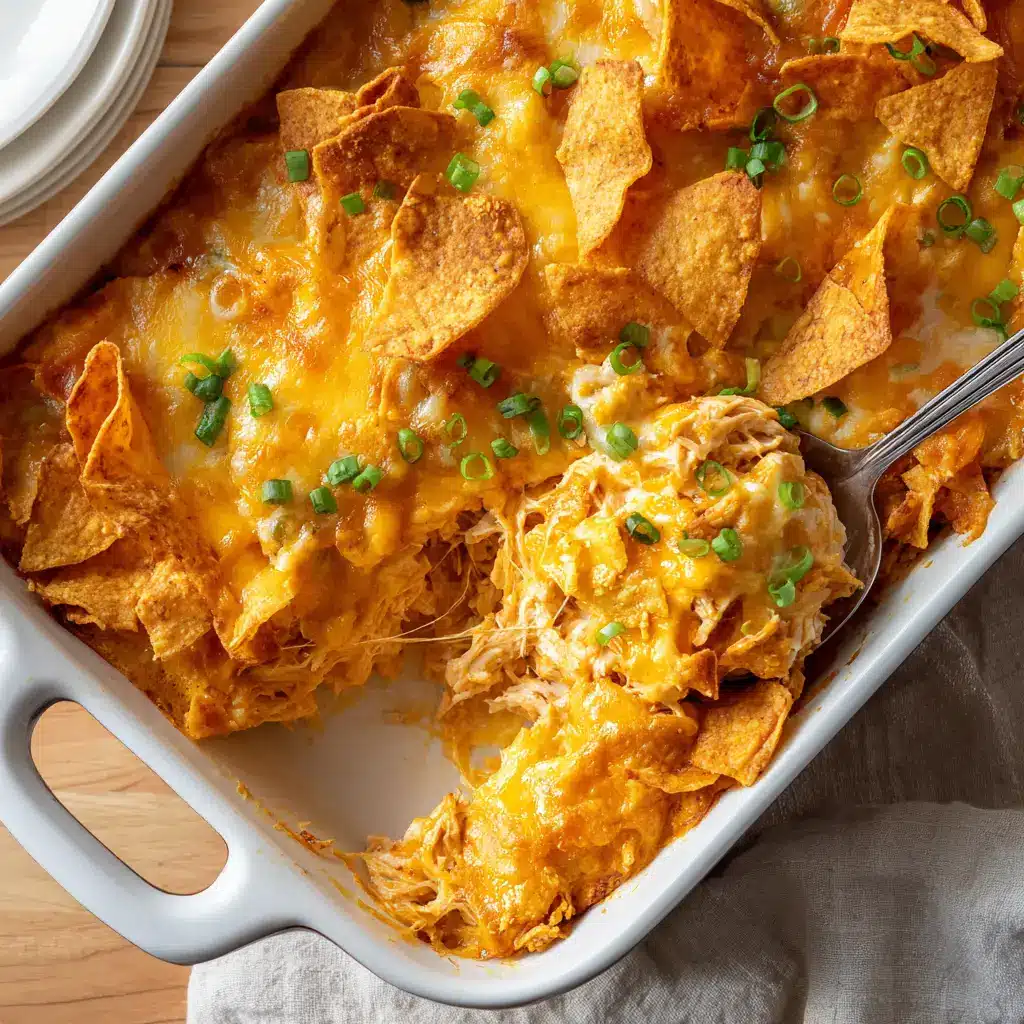 Top-down view of a freshly baked Doritos chicken casserole blanketed in melted golden-orange cheddar cheese, overlapping tortilla chips, and vibrant green scallions.