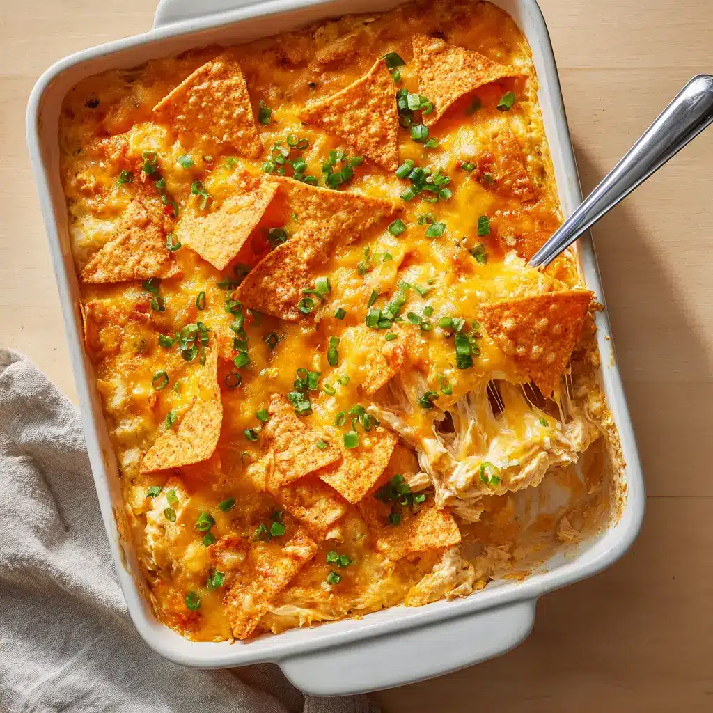 Close-up corner shot of creamy shredded chicken filling underneath crushed Doritos and melted cheddar cheese in a white baking dish.