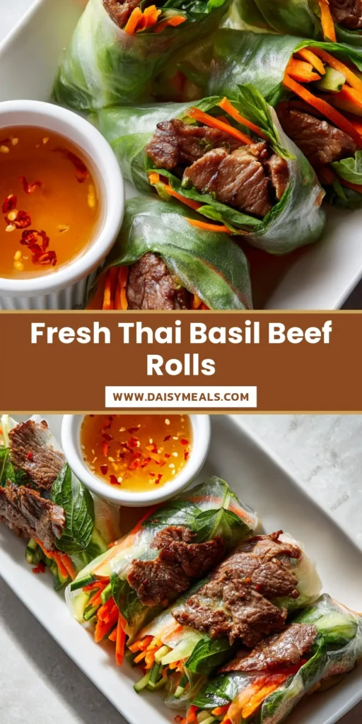 A beautiful arrangement of Thai Basil Beef Rolls wrapped in translucent rice paper, revealing caramelized beef, orange carrots, and green cucumber.