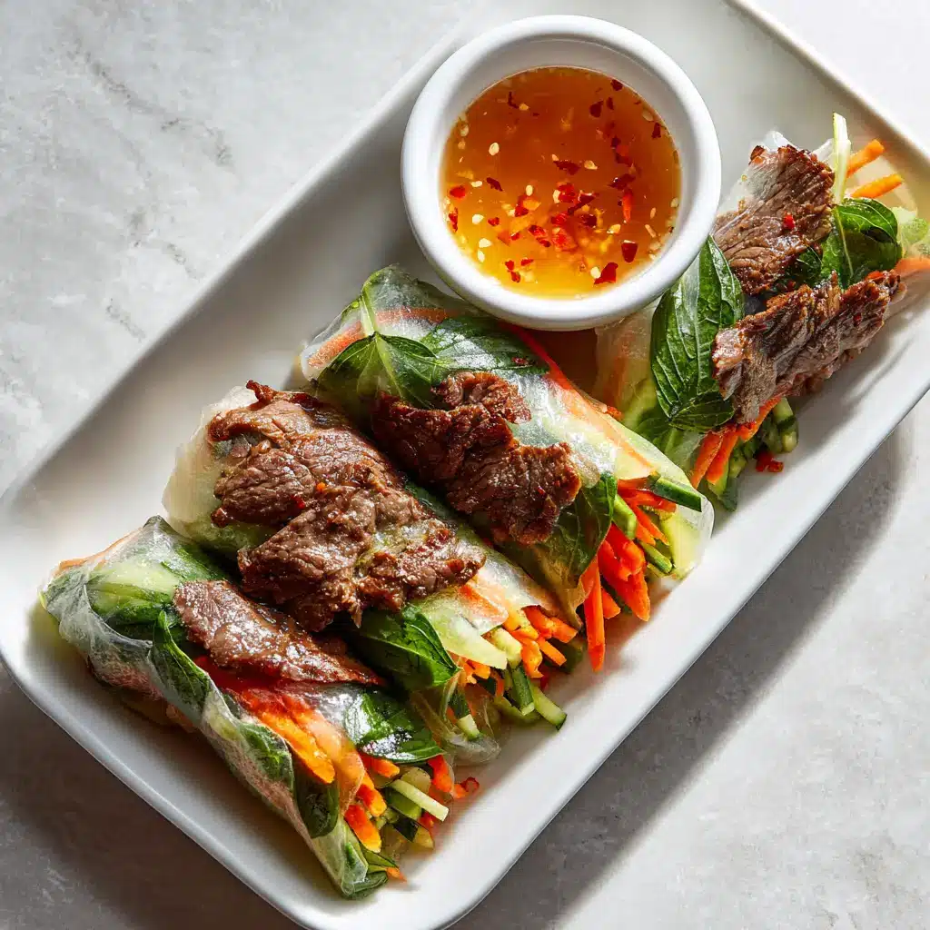 Close up view of translucent rice paper tightly wrapping thinly sliced caramelized browned beef strips and fresh Thai basil leaves. (Thai Basil Beef Rolls)