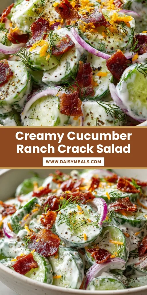 A rustic white bowl piled high with Cucumber Ranch Crack Salad featuring thick cucumber chunks, crispy bacon, and bright orange cheddar in a creamy dressing.