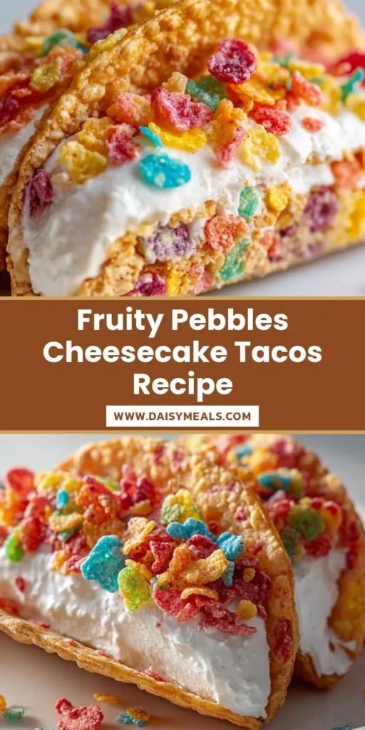 A close-up of a Fruity Pebbles cheesecake taco resting on a simple white plate. The taco shell is tightly pressed, vibrant, and U-shaped, filled with thick white creamy cheesecake and garnished with loose cereal.