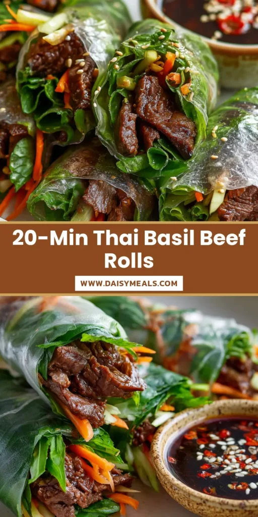 A close up photo of fresh Thai Basil Beef Rolls wrapped in translucent rice paper, showing dark brown glazed beef and vibrant vegetables, served with a savory dark soy dipping sauce.