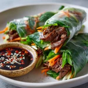 Close up handheld smartphone photo of fresh Thai basil beef rolls resting on a white ceramic plate.