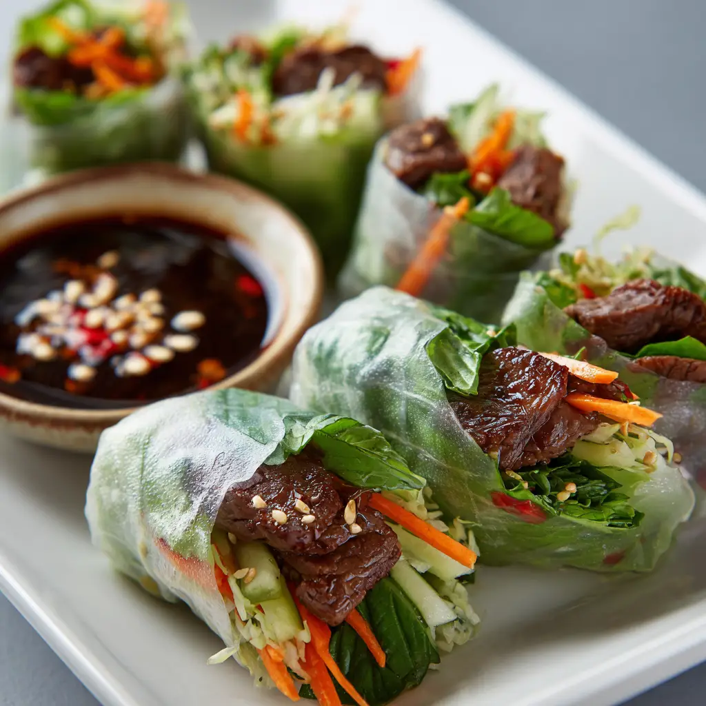 Glistening Thai basil beef rolls with julienned carrots, fresh basil, and glossy beef strips visible inside, next to a ceramic bowl of dark soy dipping sauce.