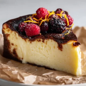 A slice of basque burnt cheesecake resting on crinkled brown parchment paper, showing a pale yellow ultra-creamy center.