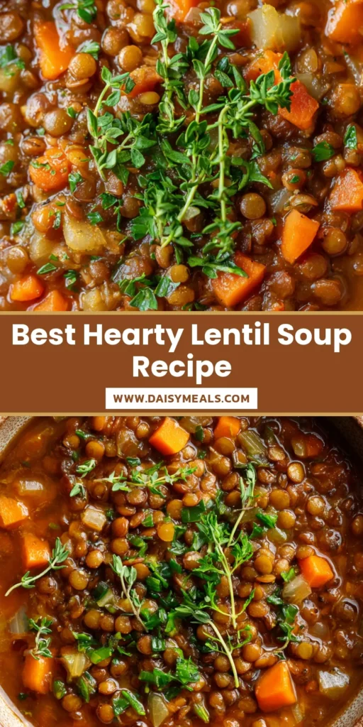 A rustic ceramic bowl filled with hearty brown Lentil Soup Recipe, topped with fresh parsley.
