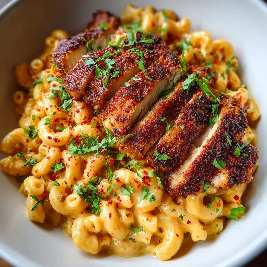 Close up overhead shot of Cajun Chicken Mac and Cheese with a reddish-brown cajun crust, sprinkled with fresh green parsley and red paprika flakes.