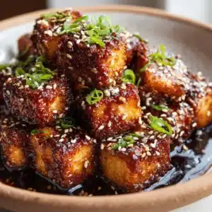 A close-up shot of crispy pan-fried tofu cubes coated in a glossy, sticky dark amber honey-garlic glaze, generously sprinkled with sesame seeds.