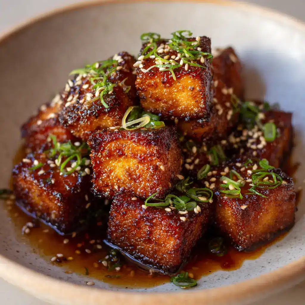 Crispy pan-fried tofu bites in a shallow bowl with pools of thick honey garlic sauce at the bottom.