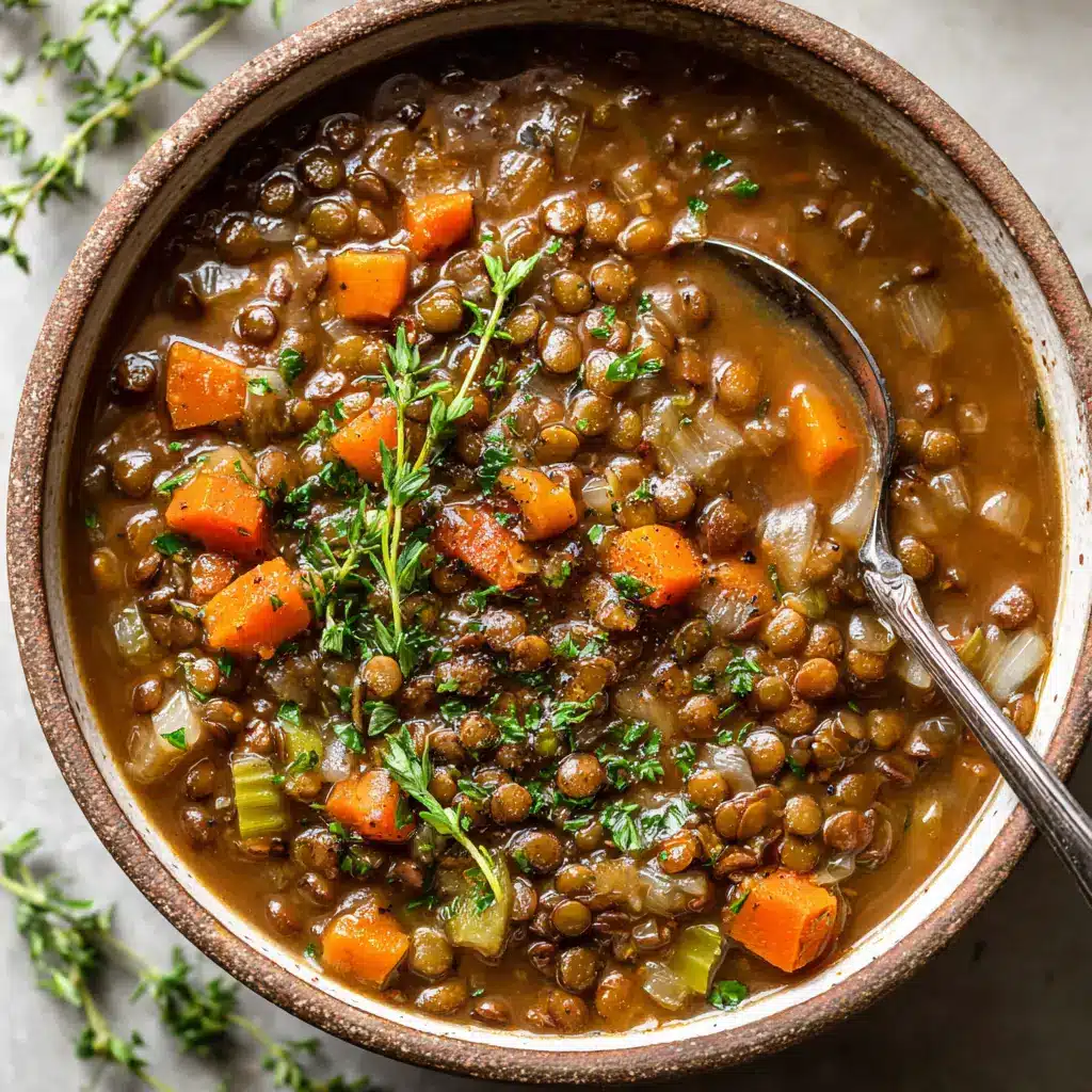 Lentil Soup Recipe garnished with bright green chopped parsley and fresh thyme sprigs.