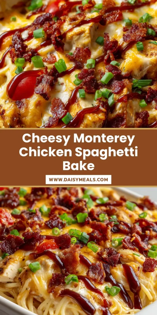A close-up shot of Monterey Chicken Spaghetti baked in a white ceramic dish, topped with melted cheese, BBQ sauce, bacon, tomatoes, and scallions.
