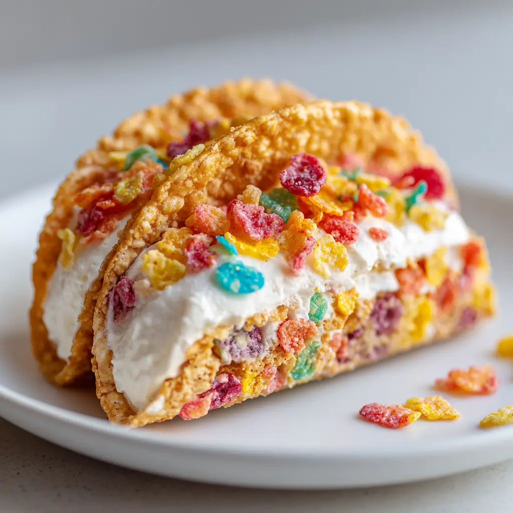 Thick, smooth, creamy white cheesecake filling spooned generously inside a curved, vibrant cereal taco shell, topped with scattered colorful Fruity Pebbles.