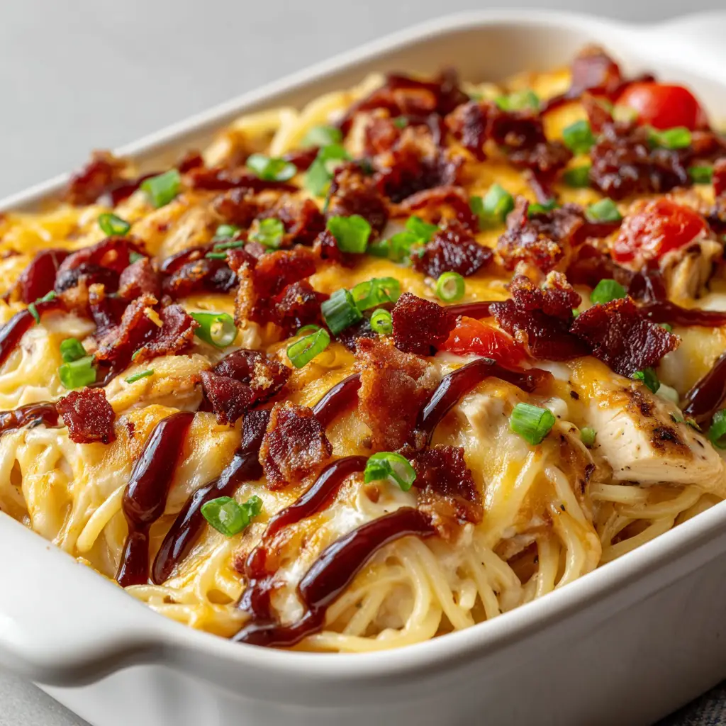 Thick layer of cooked spaghetti noodles coated in a rich creamy sauce and chicken for Monterey Chicken Spaghetti.