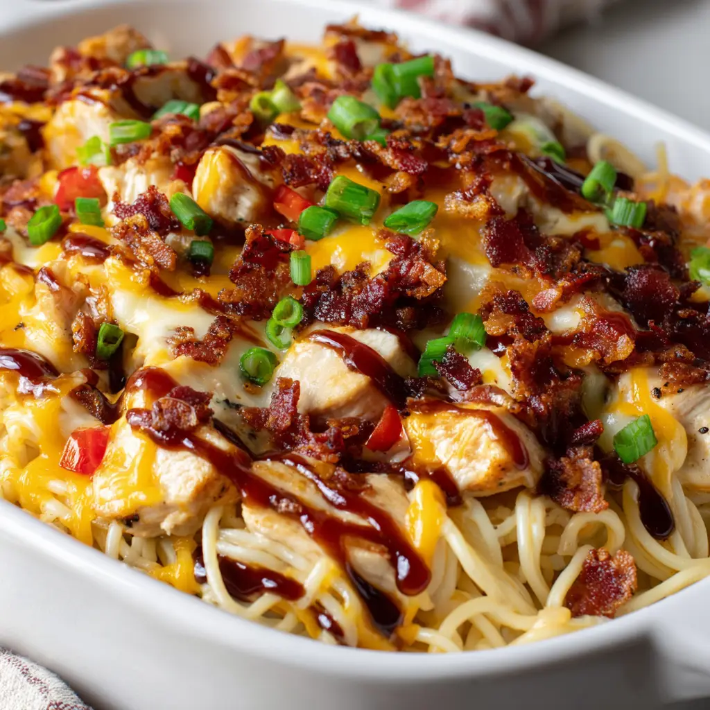 Melted gooey cheddar and Monterey Jack cheese blanketing a dish of Monterey Chicken Spaghetti with BBQ drizzle.
