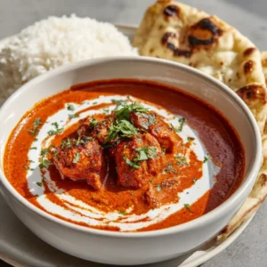 Close up of Homemade Butter Chicken showcasing charred bite-sized chicken chunks immersed in bright orange-red makhani sauce.