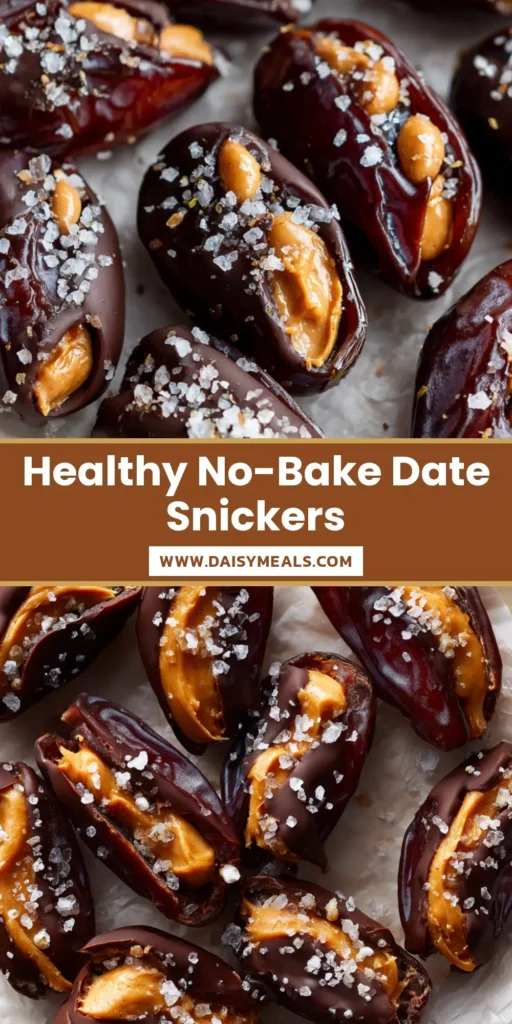 A top-down view of several homemade Date Snickers arranged on crinkled parchment paper. Each one has a glossy dark chocolate coating and a sprinkle of flaky sea salt.