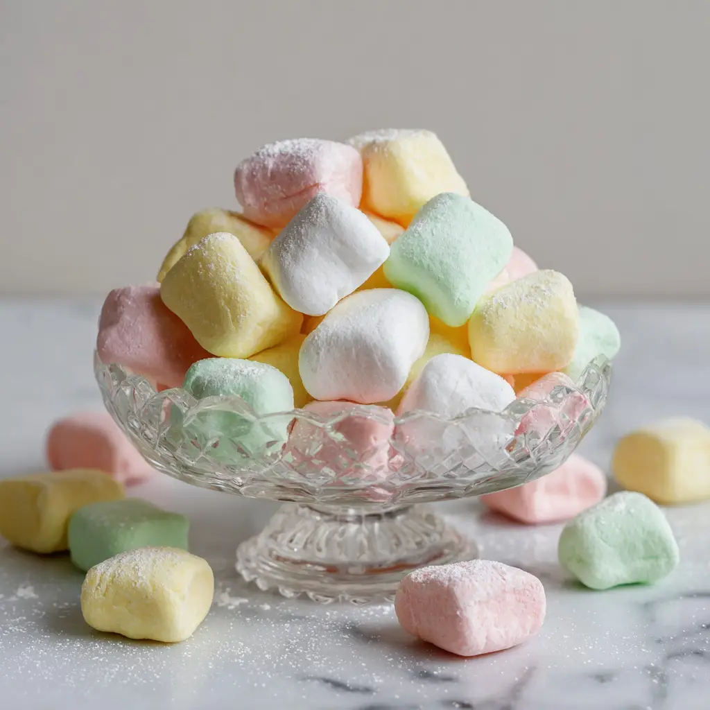 A close-up, top-down view of small, pillow-shaped pastel butter mints piled high in a shallow vintage cut-glass candy dish. (Homemade Butter Mints)