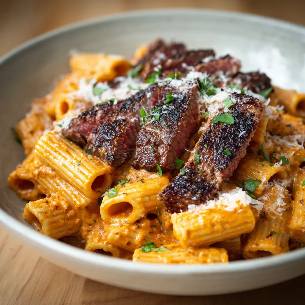 Juicy medium-rare sliced steak with a charred dark cajun spice rub served over tubular rigatoni.